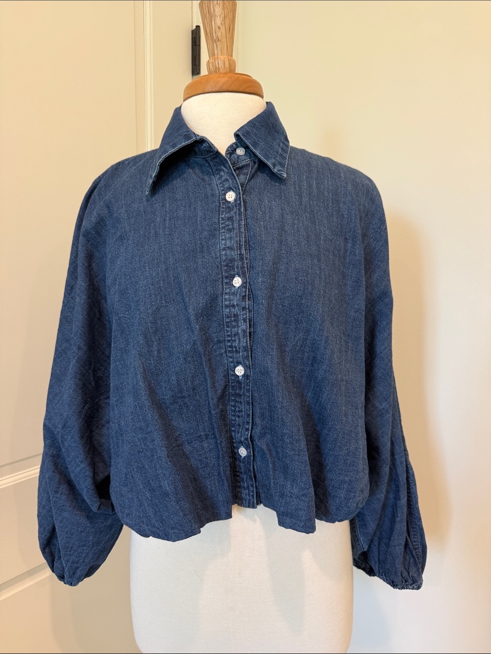Women’s denim balloon hem button-up blouse